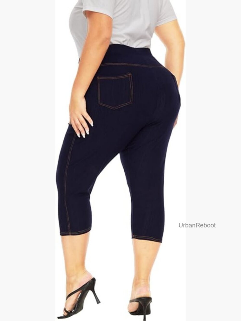 Plus Size Capri Jeggings, High Waisted Stretchy Denim Look Leggings with Pockets